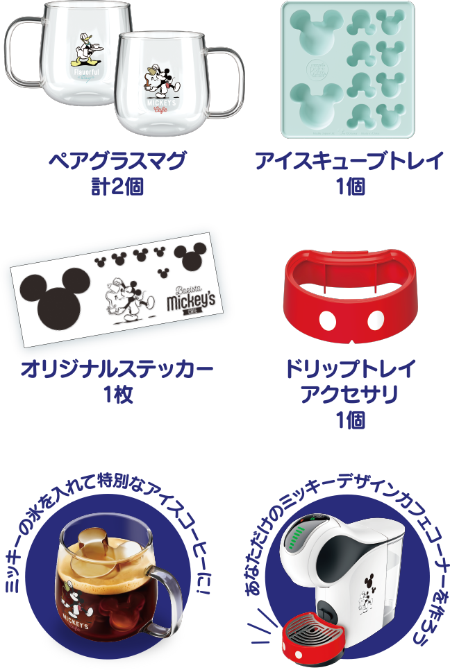 ペアグラスマグ 計2個 / アイスキューブトレイ 1個(ミッキーの氷を入れて特別なアイスコーヒーに！) / オリジナルステッカー 1枚 / ドリップトレイ アクセサリ 1個 (あなただけのミッキーデザインカフェコーナーを作ろう)