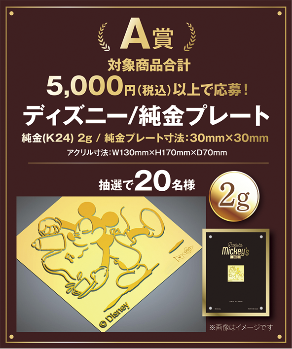 A賞：対象商品合計5,000円（税込）以上で応募！ディズニー/純金プレート（抽選で20名様）※画像はイメージです