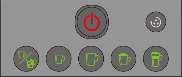 電源ボタンが赤色点灯、すべてのメニューボタンが緑色点灯