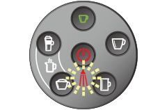 エスプレッソタイプボタンが緑点灯、クリーニングランプが赤点滅、電源ボタンが赤点灯の場合