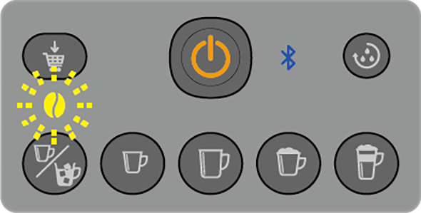 電源ボタンが黄色点灯し、コーヒー残量表示が黄色点滅