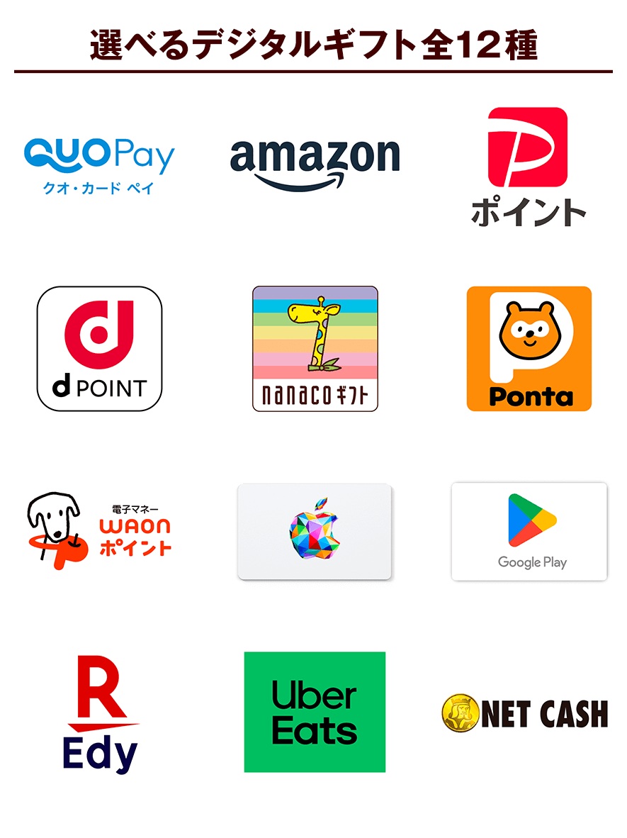 選べるデジタルギフト 全12種（クオ・カード ペイ、amazon gift card、pポイント、dポイント、Nanaco、Ponta、Waon、Apple、Google Play、楽天Edy、Uber Eats、NET CASH）