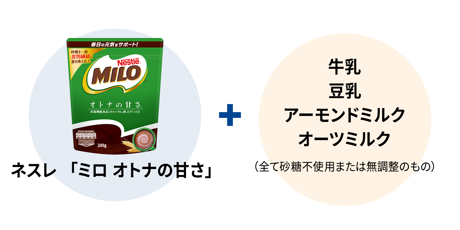 ネスレ「ミロ オトナの甘さ」 + 牛乳 豆乳 アーモンドミルク オーツミルク （全て砂糖不使用または無調整なもの）