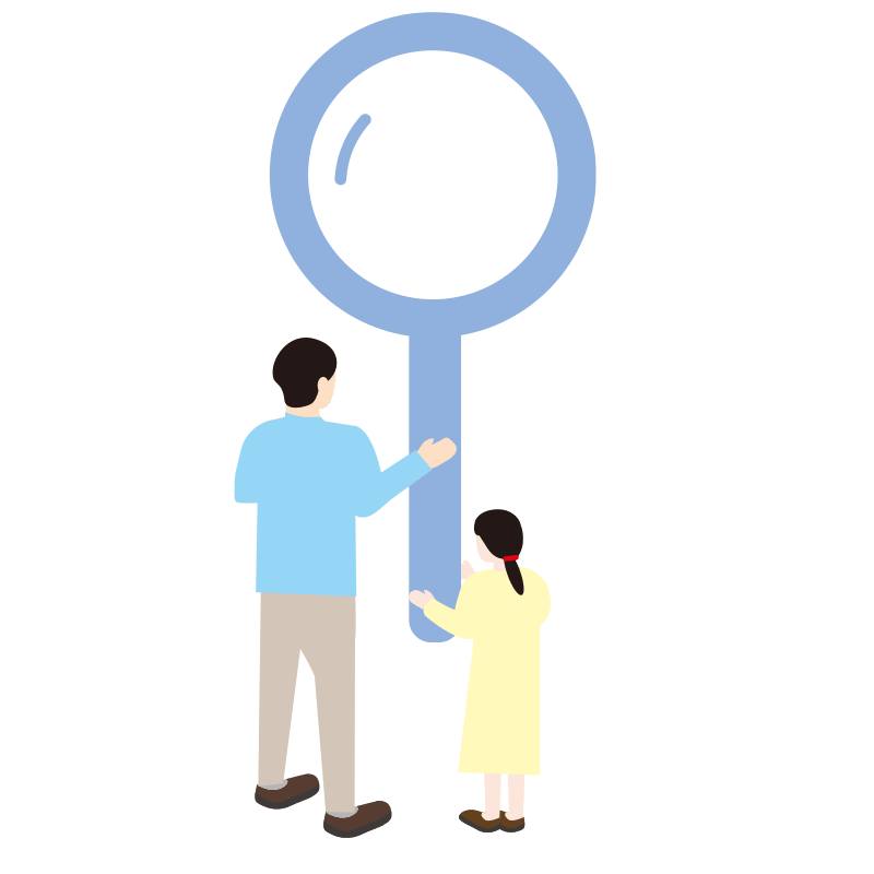 イラスト：虫眼鏡を持っている親子