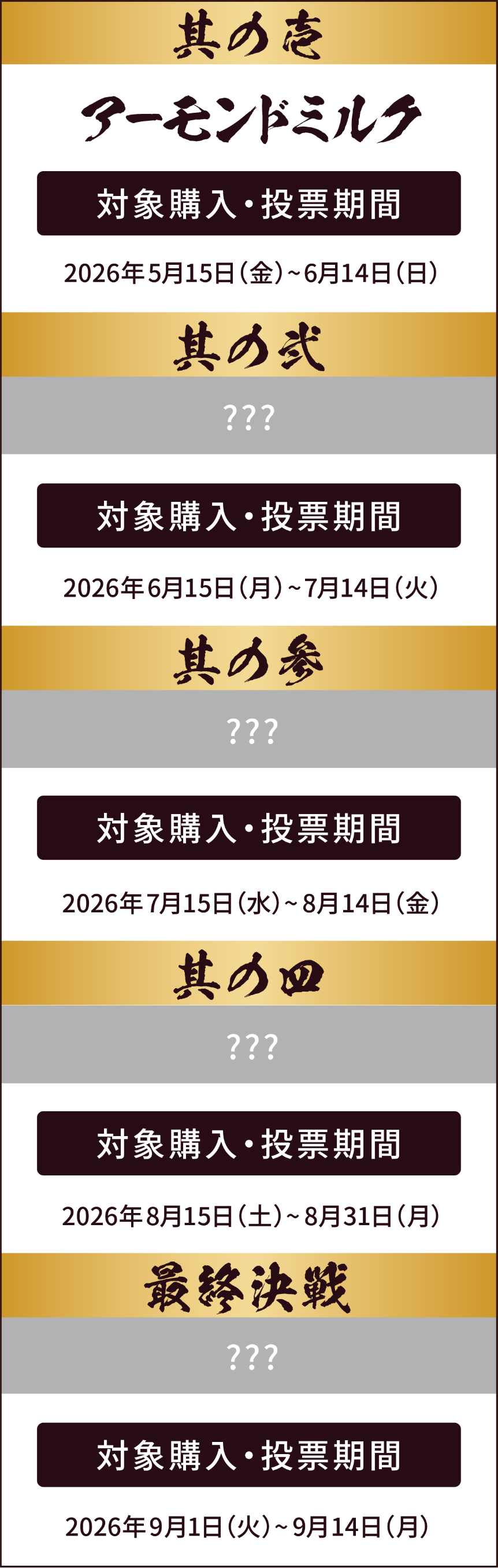 其の壱：アーモンドミルク 対象購入・投票期間 2026年5月15日（金）〜6月14日（日） 其の弐：？？？ 対象購入・投票期間 2026年6月15日（月）〜7月14日（火） 其の参：？？？ 対象購入・投票期間 2026年7月15日（水）〜8月14日（金） 其の四：？？？ 対象購入・投票期間 2026年8月15日（土）〜8月31日（月） 最終決戦：？？？ 対象購入・投票期間 2026年9月1日（火）〜 9月14日（月）