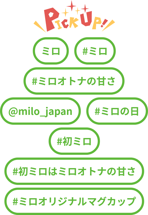 ピックアップ キーワード 「ミロ」「#ミロ」「#ミロオトナの甘さ」「@milo_japan」「#ミロの日」「#初ミロ」「#初ミロはミロオトナの甘さ」「#ミロオリジナルマグカップ」
